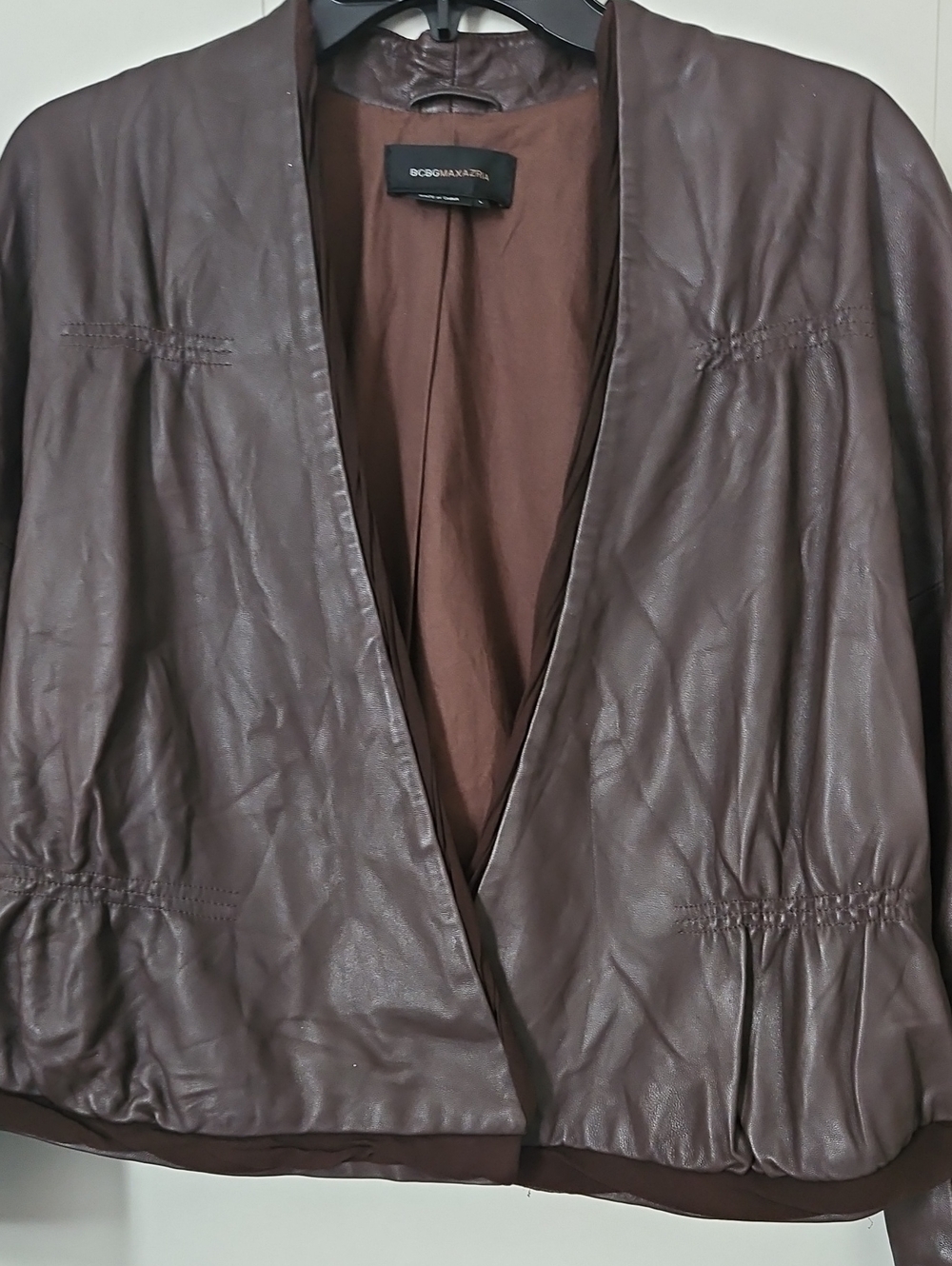 BCBG Max Azria Brown Leather Open-Front Jacket With Silk Trim - Picture 7 of 13